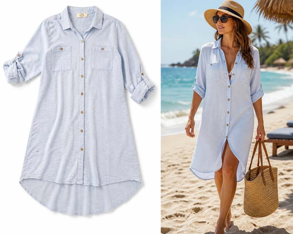 Selçuk Efes Classic Light Blue Gauze Button Down Tunic Shirt Size M beach cover